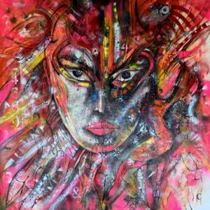 Obraz HER SACRED VIOLENCE – moderné abstraktné umenie s portrétom (100×100 cm)
