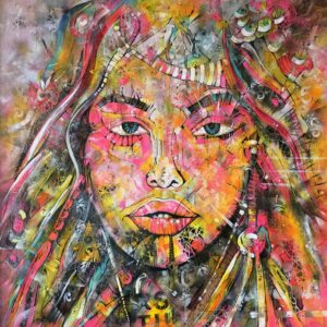 Obraz NEON ORACLE – moderné abstraktné umenie s portrétom (100×100 cm)