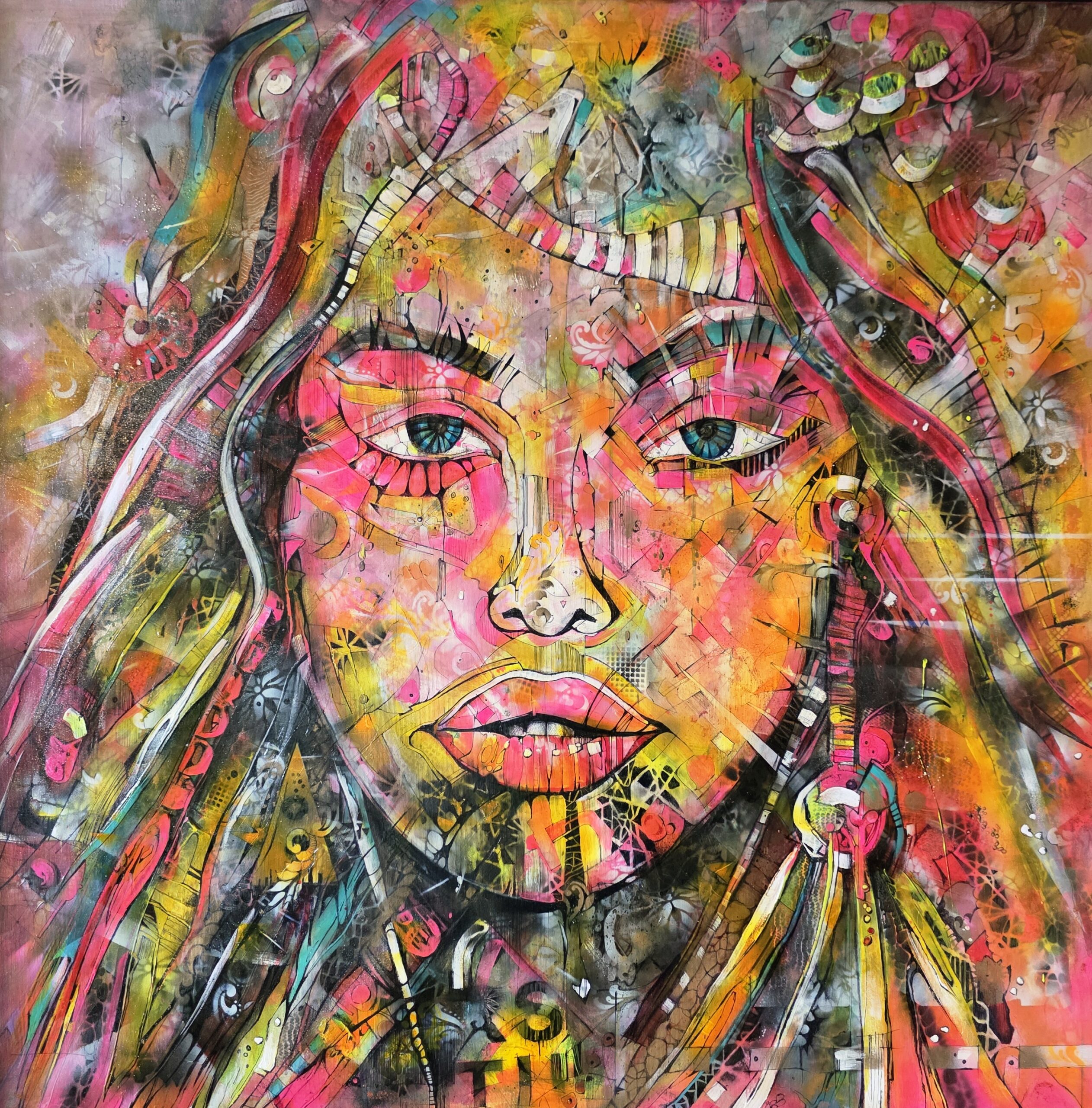 Obraz NEON ORACLE – moderné abstraktné umenie s portrétom (100×100 cm)