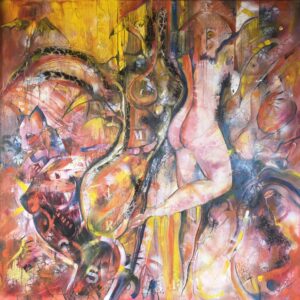 Obraz SACRED FLESH / BROKEN GOD – moderné mytologické abstraktné umenie (100×100 cm)