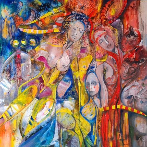 Obraz SACRED TENSION – moderné figuratívne mytologické umenie (100×100 cm)