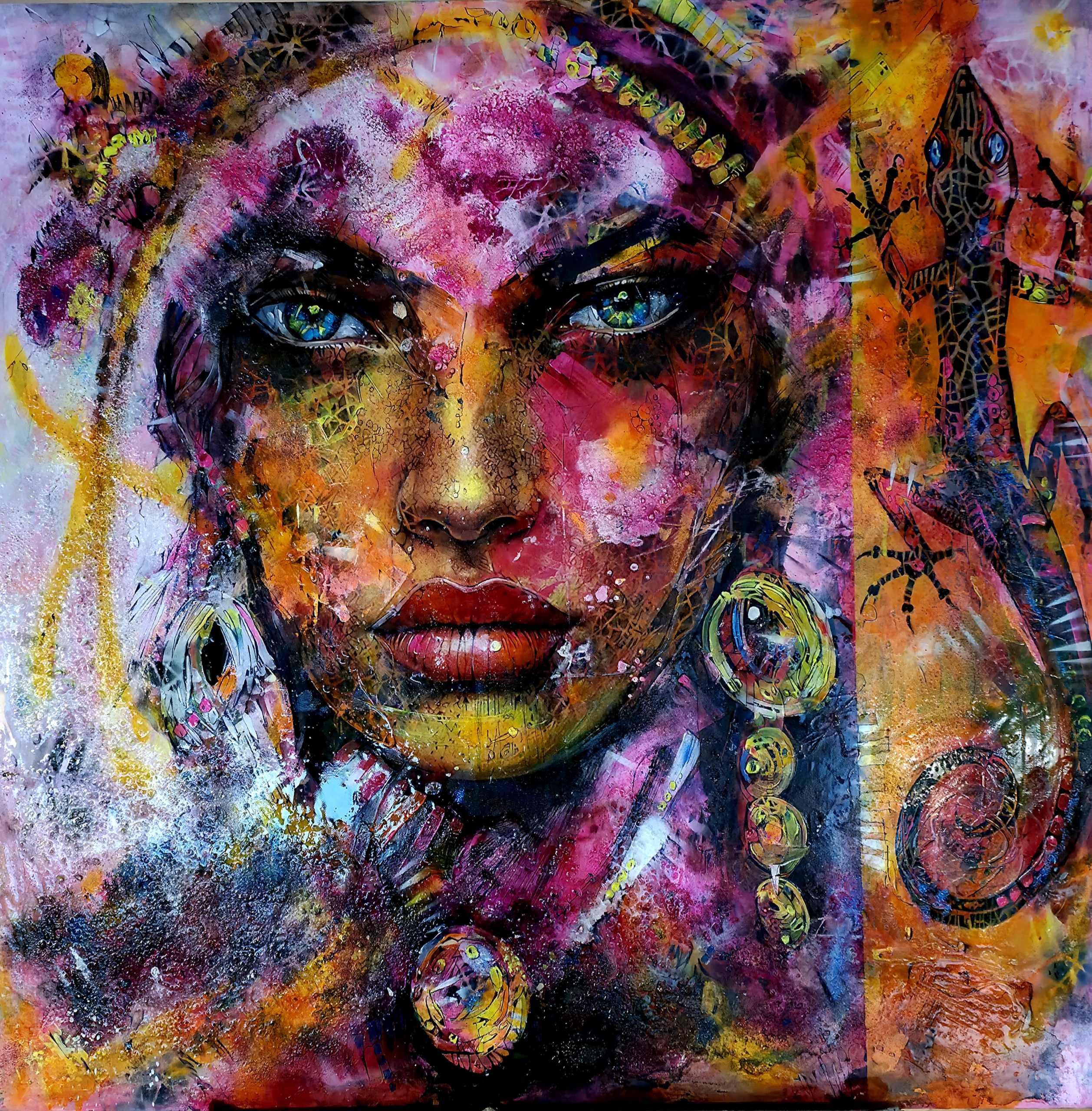 Obraz „Eyes of Destiny" – moderné figuratívno-abstraktné mixed media umenie (90×90 cm)