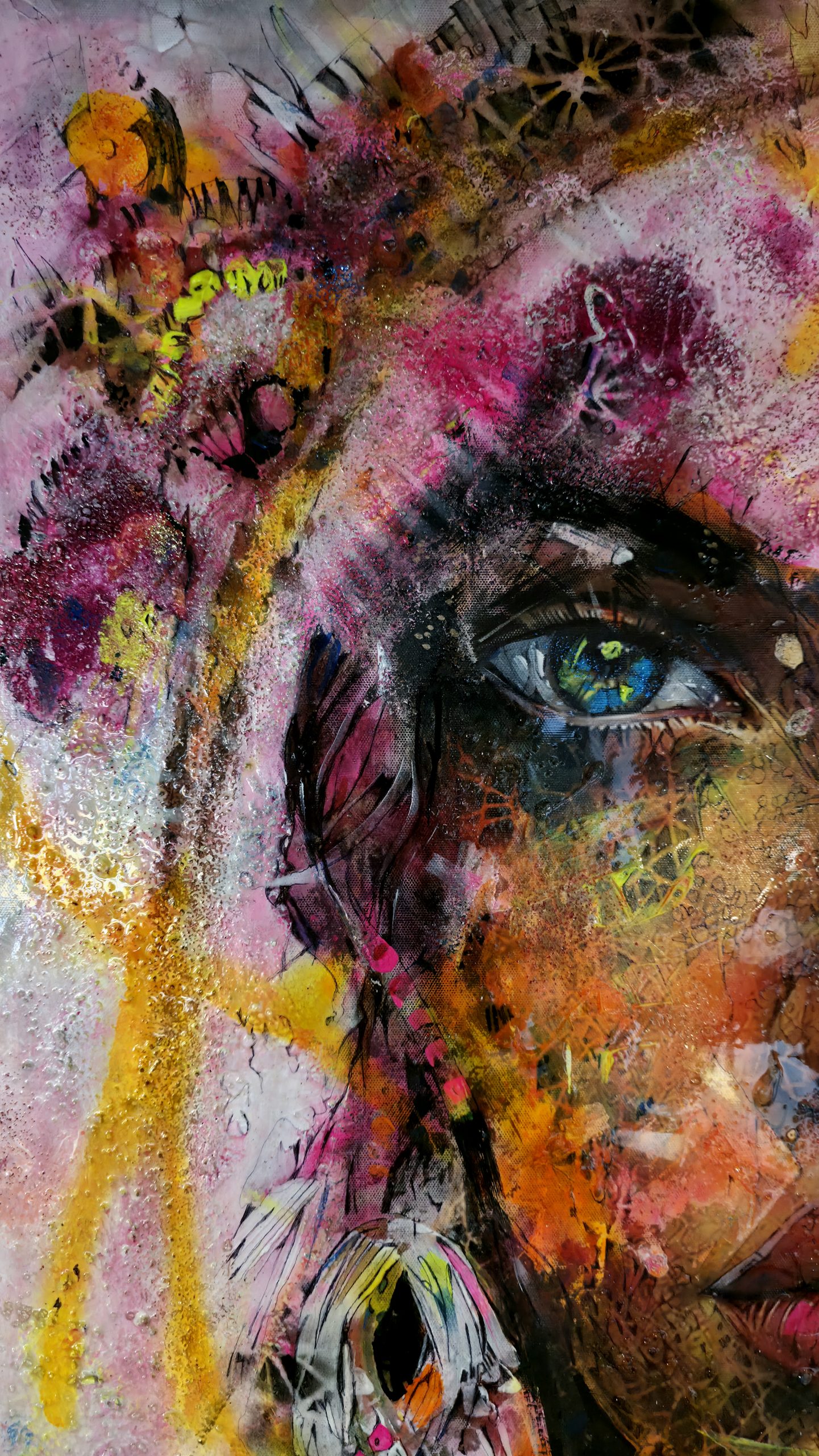 Obraz „Eyes of Destiny" – moderné figuratívno-abstraktné mixed media umenie (90×90 cm) – Obrázok 3