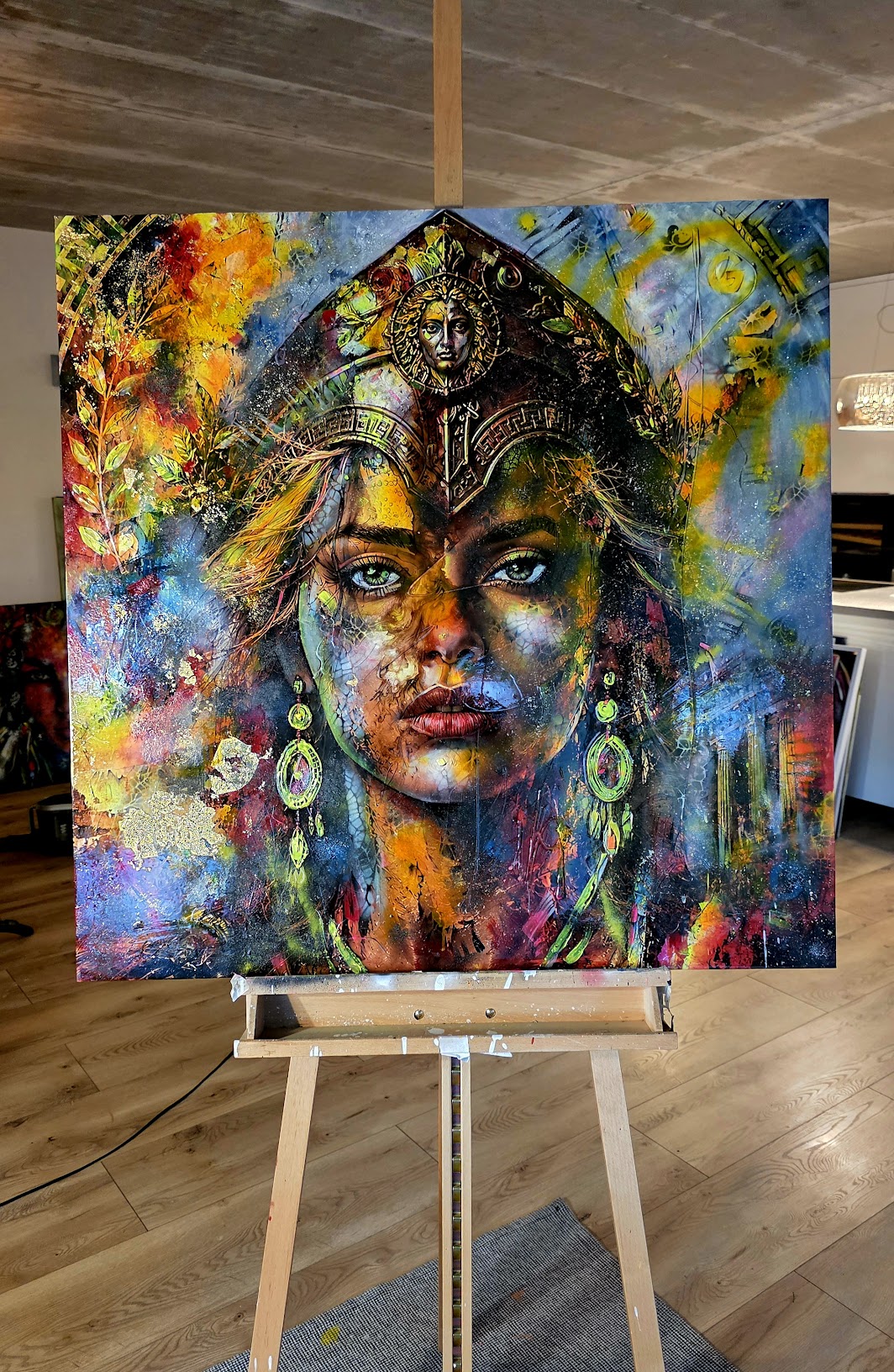 Obraz „Eyes of Olympus" – moderné figuratívno-abstraktné mixed media umenie (100×100 cm) – Obrázok 2