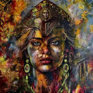 Obraz „Eyes of Olympus" – moderné figuratívno-abstraktné mixed media umenie (100×100 cm)